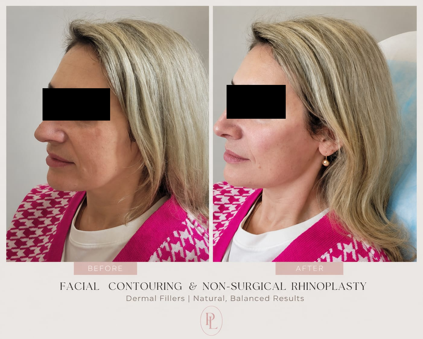 Facial Contouring & Nonsurgical Rhinoplasty, before on the left and after on the right